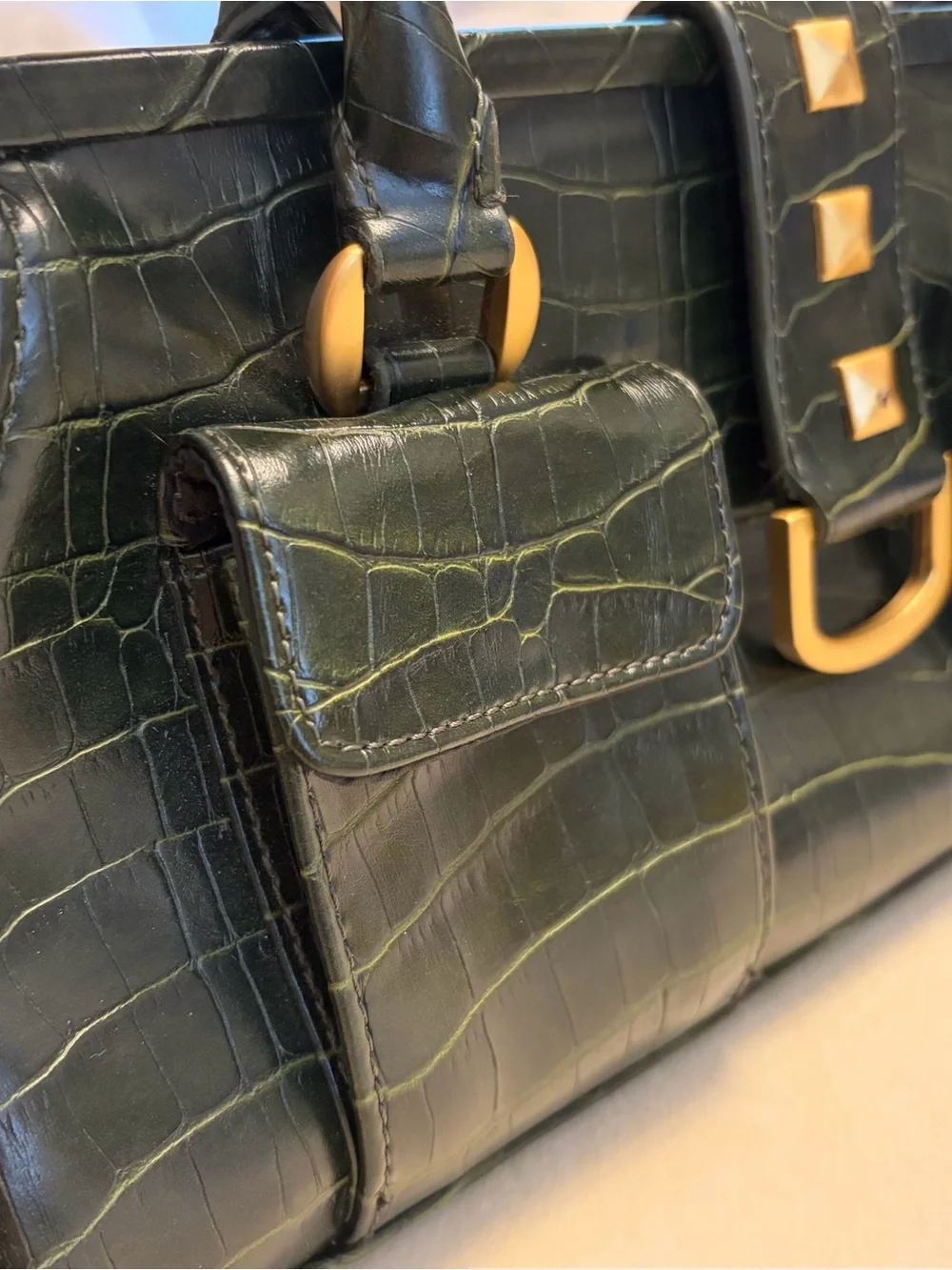 New York & Company Faux Crocodile Top-Handle Bag in Dark Green w/ Gold Hardware
